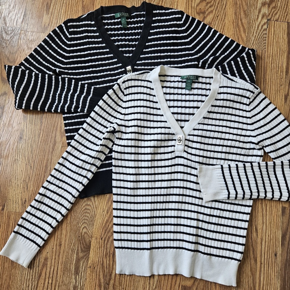 Ralph Lauren Sport Women Cotton Striped Sweater M Ribbed Knit Chic Classy Modest